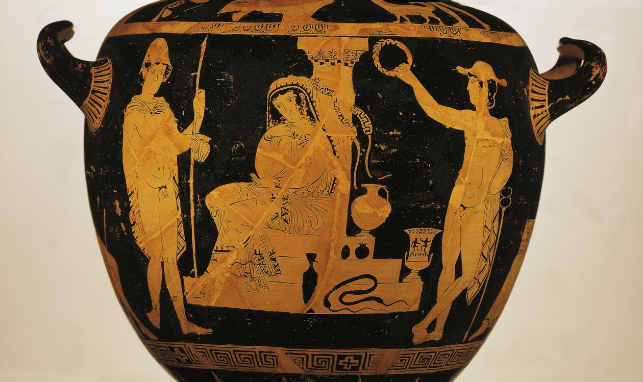 Krater med rød figur som viser Orestes, Elektra og Pylades ved graven til Agamemnon (keramikk) av Greek