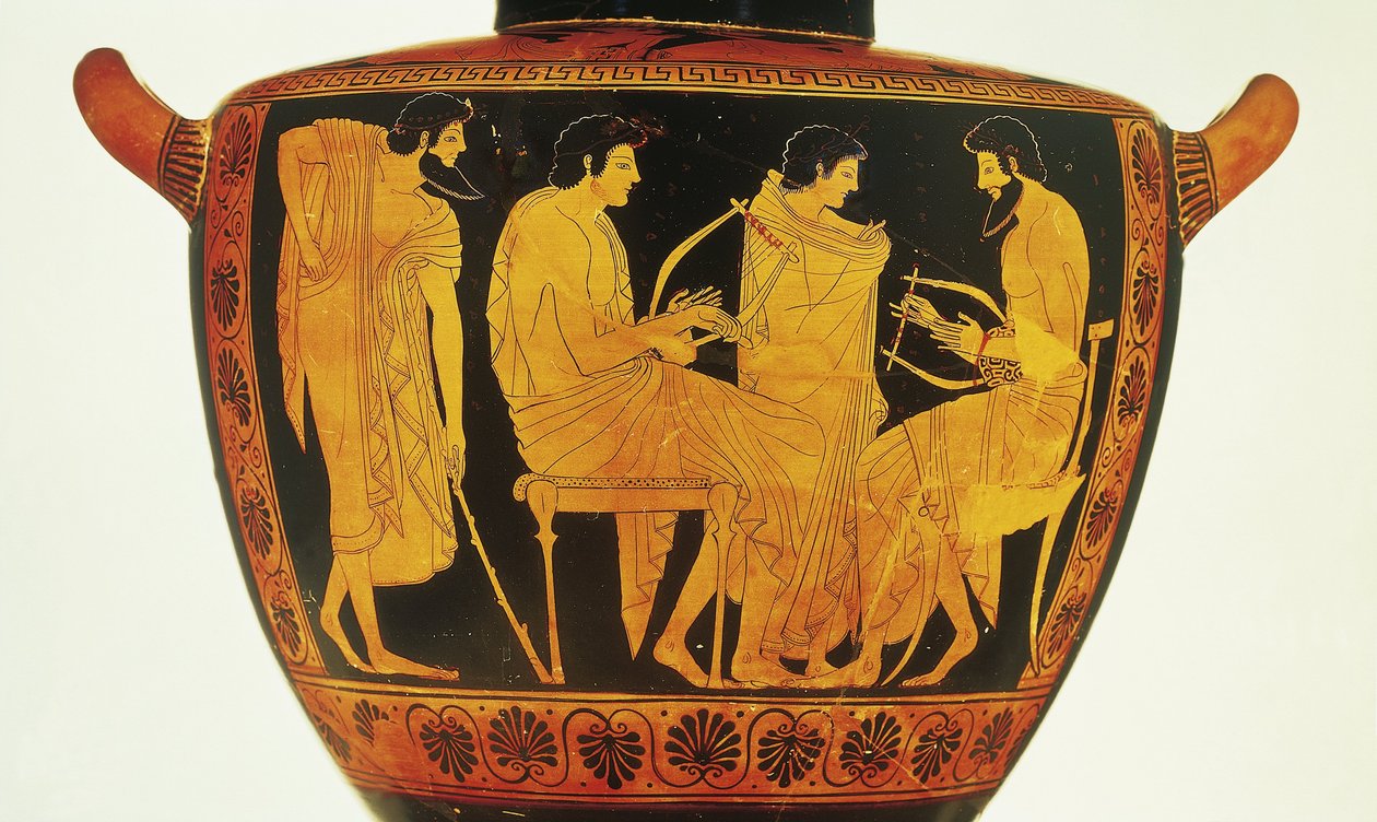 Keramikk med røde figurer, Attic hydria av Phintias som skildrer musikkleksjon av Greek