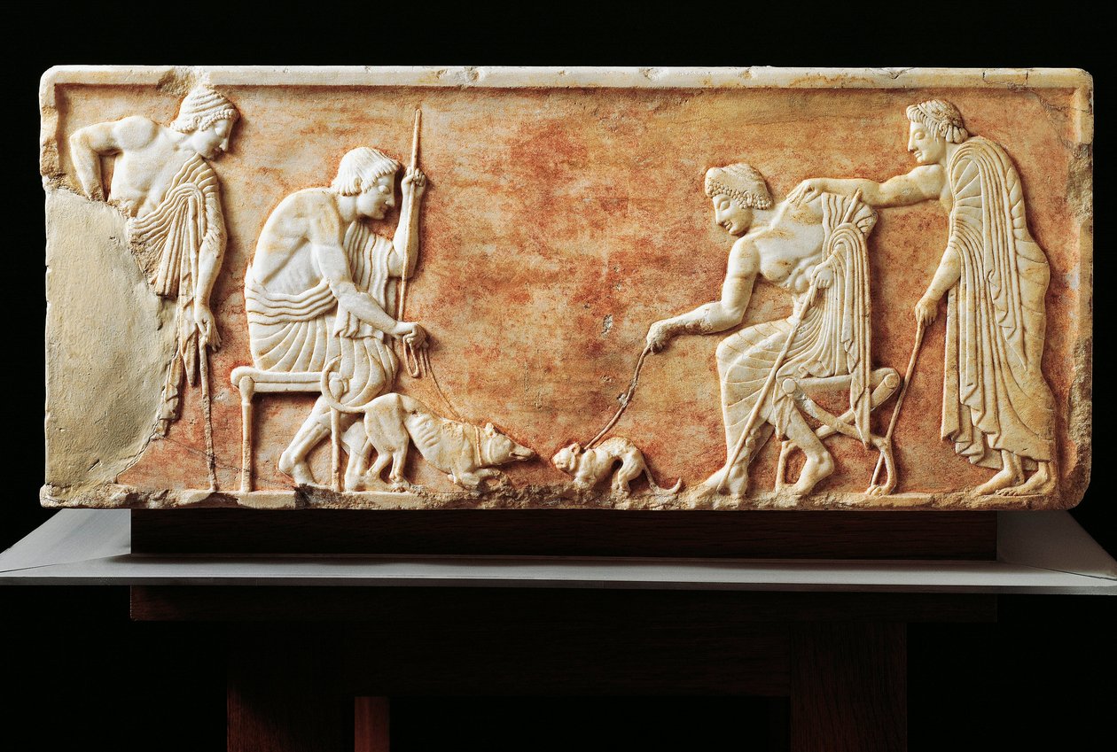 Stele som viser kamp mellom hund og katt, 510 f.Kr. (relieff) av Greek