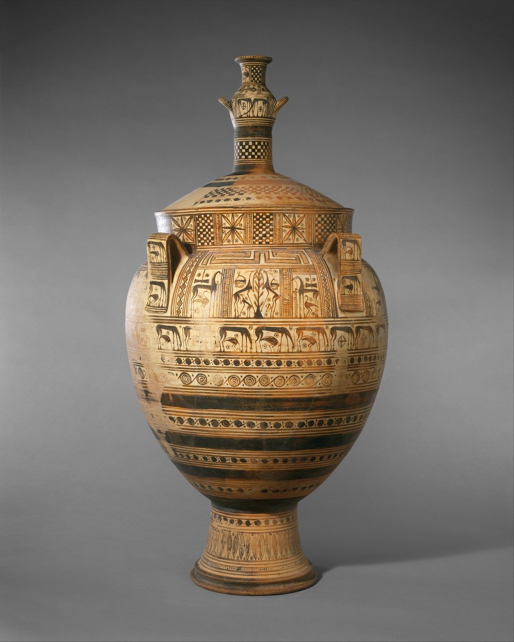 Terracotta krater med lokk overbygd av en liten hydria, ca. 750–740 f.Kr. (terrakotta) av Greek