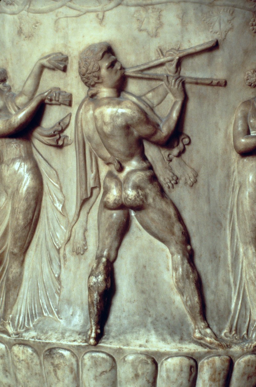 Borghese-krateret eller vasen, detalj av relieff som viser en mann som spiller dobbeltfløyte, Neo-Attic, marmor ca. 40-30 f.Kr. av Greek