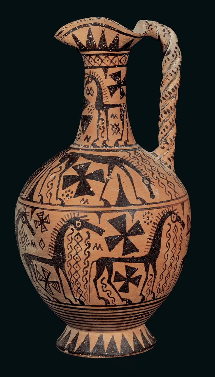 Trefoil-munn oinochoe dekorert med hester, fra Skyros, Sporadene, Orientalizing Period (675-650 BC) (malt leire) av Greek