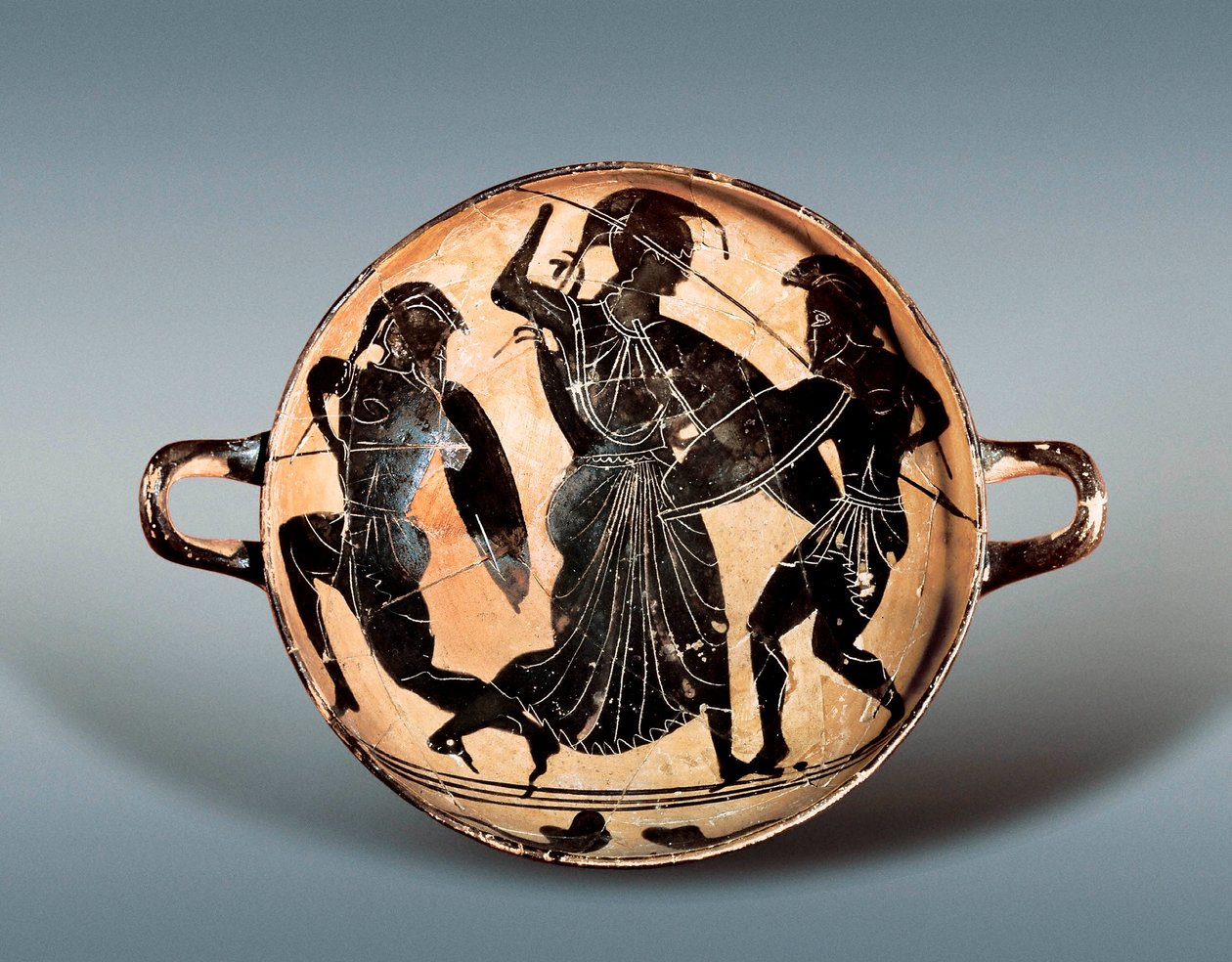 Trojansk krig: Gudinnen Athena sliter mellom Hector og Achilles. 6. århundre f.Kr. Kylix (drikkebeger) har svarte figurer i keramikk, Catalonias arkeologiske museum, Barcelona. av Greek