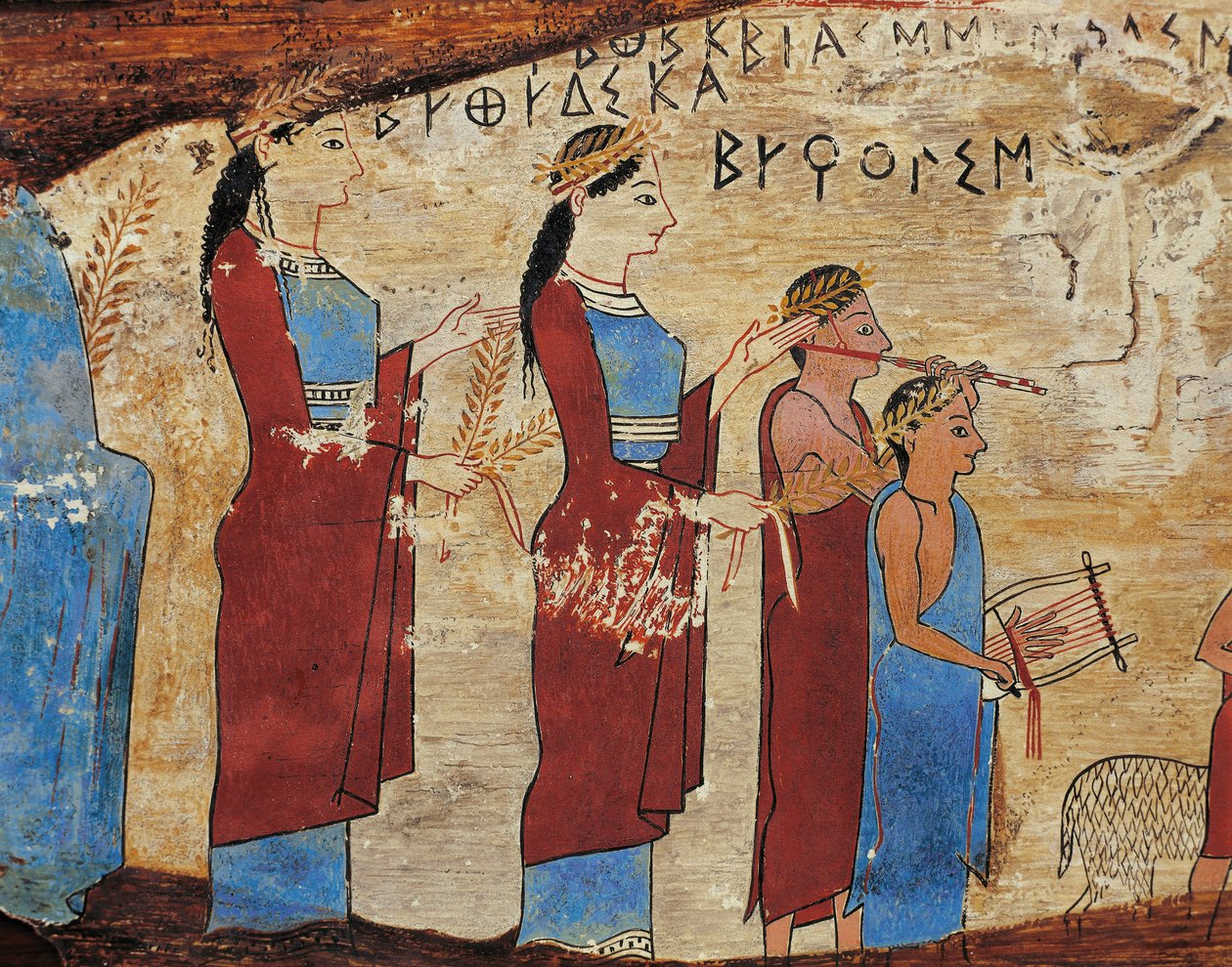 Votivpanel fra Pitsa-hulen nær Sikyon, detalj, prosesjon med tilbudsbærere, lyre- og fløytespillere, gresk inskripsjon av Greek