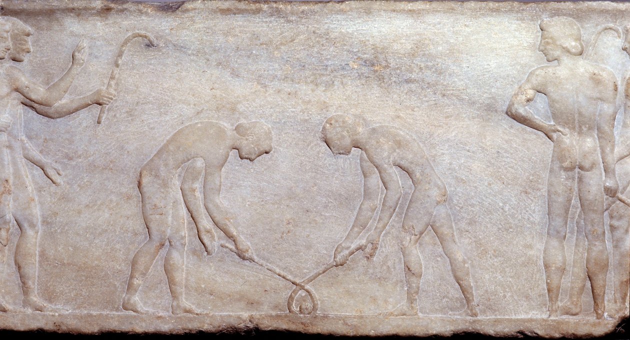 Art of Ancient Greece: Ballspill med lacrosse (prinsippet for nåværende hockey). Lavrelieff skulptur. Athens arkeologiske museum av Greek