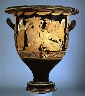 Lofts klokkekrater med rød figur som viser Boreas med Oreithya (keramikk) av Greek