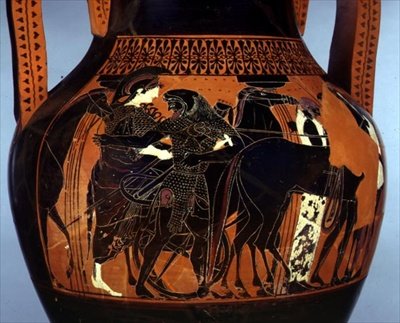 Svartfigur amfora dekorert med en scene av Herakles som hjelper Athena, detalj, 6.-5. århundre f.Kr. (keramikk) av Greek