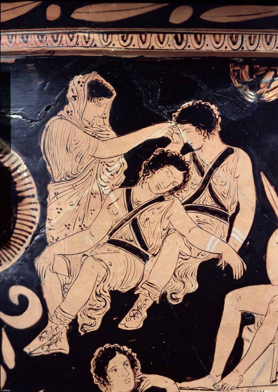 Loftskrater med rød figur som viser Orestes som suppliant ved helligdommen til Apollo i Delphi, tilskrevet den apuliske Eumenides-maleren, ca. 380 f.Kr. (keramikk) (detalj) av Greek School