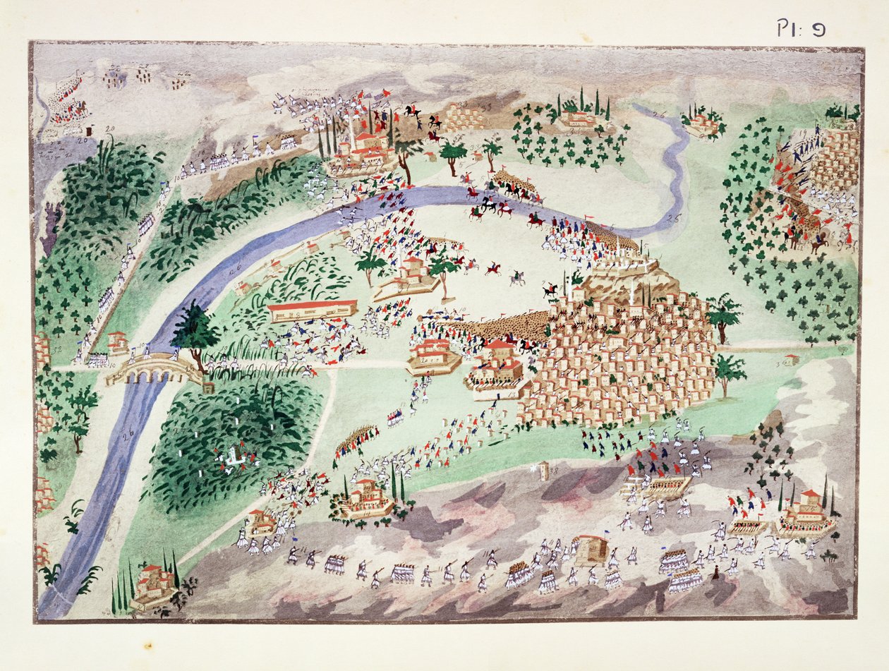 Slaget om citadellet ved Arta, plate 9 fra Pictorial History of the Greek Independence War of General Makryjannis av Greek School