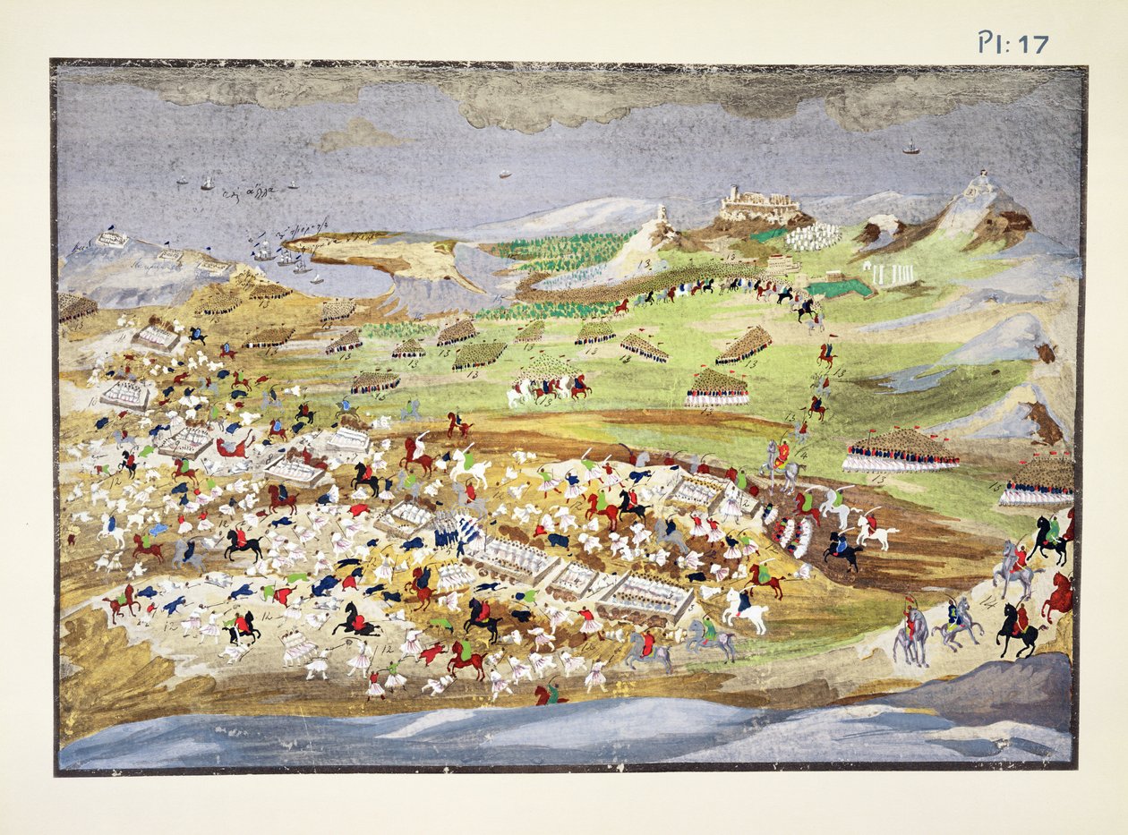 Slaget ved Analaton, plate 17 fra Pictorial History of the Greek Independence War of General Makryjannis av Greek School