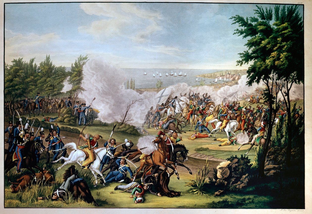 Slaget ved Missolonghi, Hellas, i 1822, forsvart av Botzaris, som dør i konflikten mot tyrkerne til Omar Brionis (grekernes seier) (gravering) av Greek School