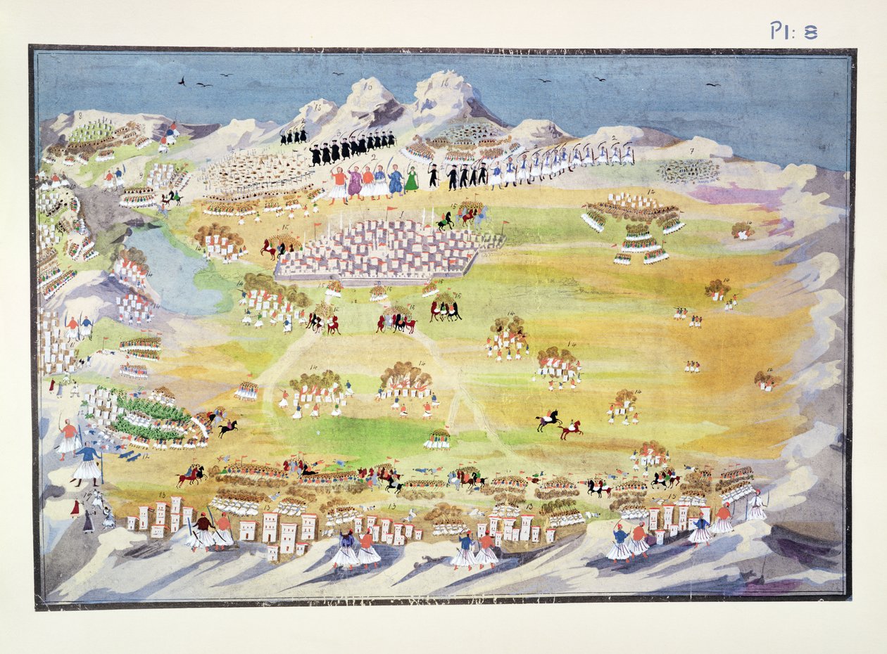 Slaget ved Tripolitza og omkringliggende landsbyer, plate 8 fra Pictorial History of the Greek Independence War of General Makryjannis av Greek School