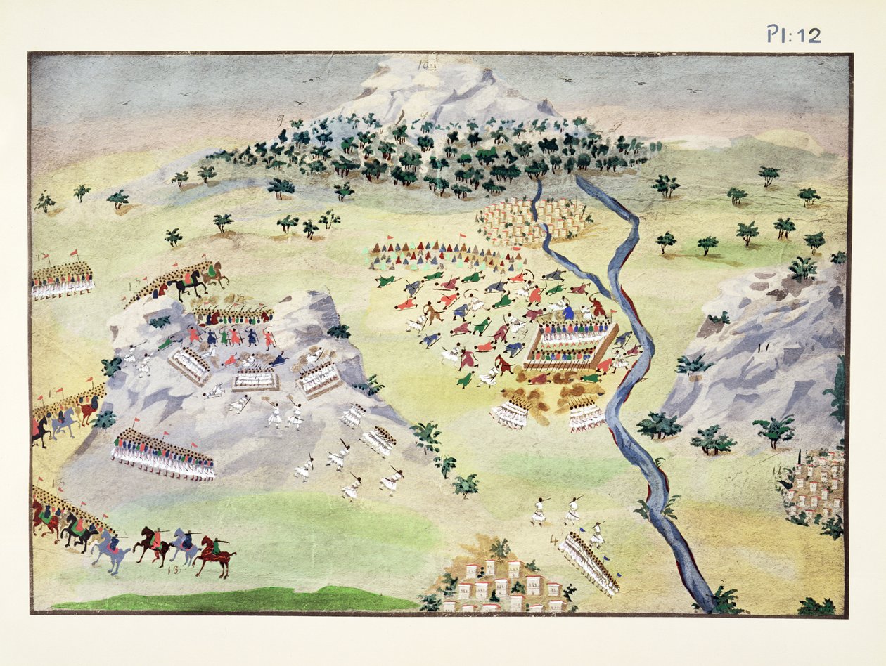 Slag mellom tyrkere og grekere ved Karpenisi og Kaliakouda, plate 12 fra Pictorial History of the Greek Independence War of General Makryjannis av Greek School