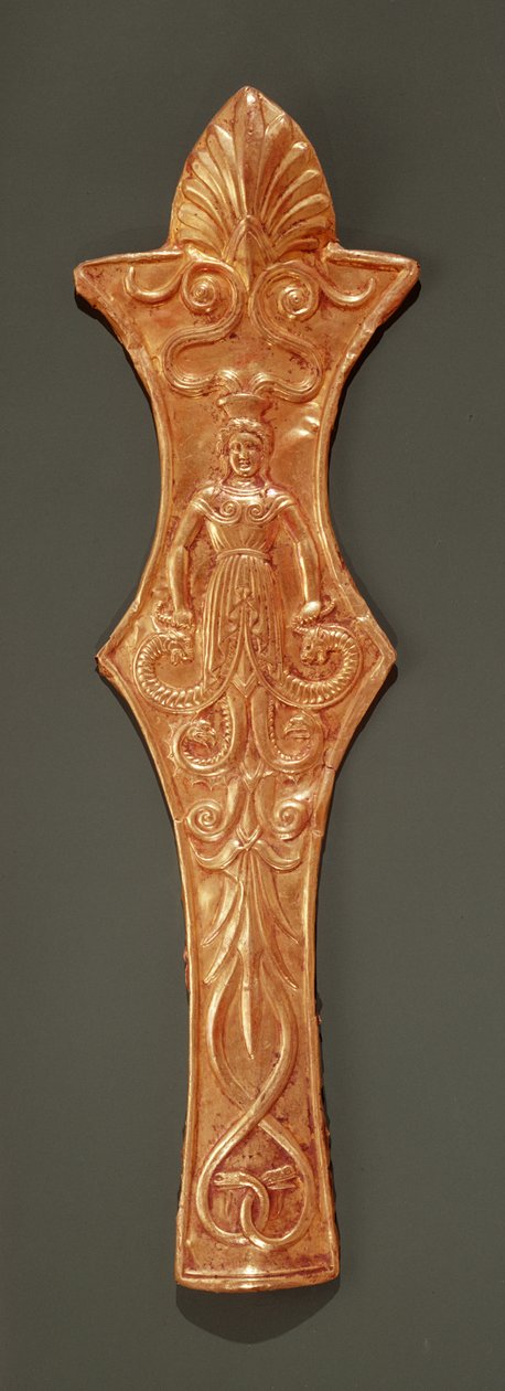 Bridle frontlet, plakett med en representasjon av en kvinne med slangeben (gull) av Greek School