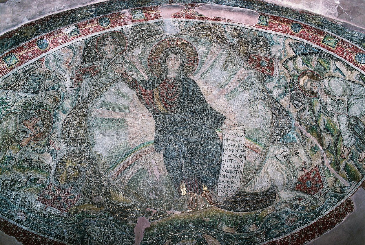 Kristus steg opp til himmelen omgitt av fire evangelister, Mosaic in Church of Hosios David, Eller Catholicon of Latomos Monastery (UNESCOs verdensarvliste) av Greek School