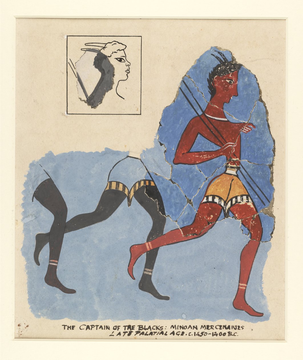 Fragmenter av en freske fra Knossos, med moderne restaureringer; soldater på flukt, ca.1450-1400 f.Kr av Greek School