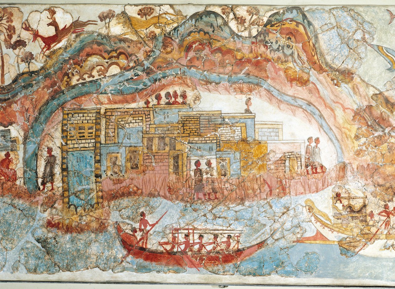Fresco som viser en skipsprosesjon fra Akrotiri, Thera Island, Santorini, Hellas, detalj, en kystby av Greek School
