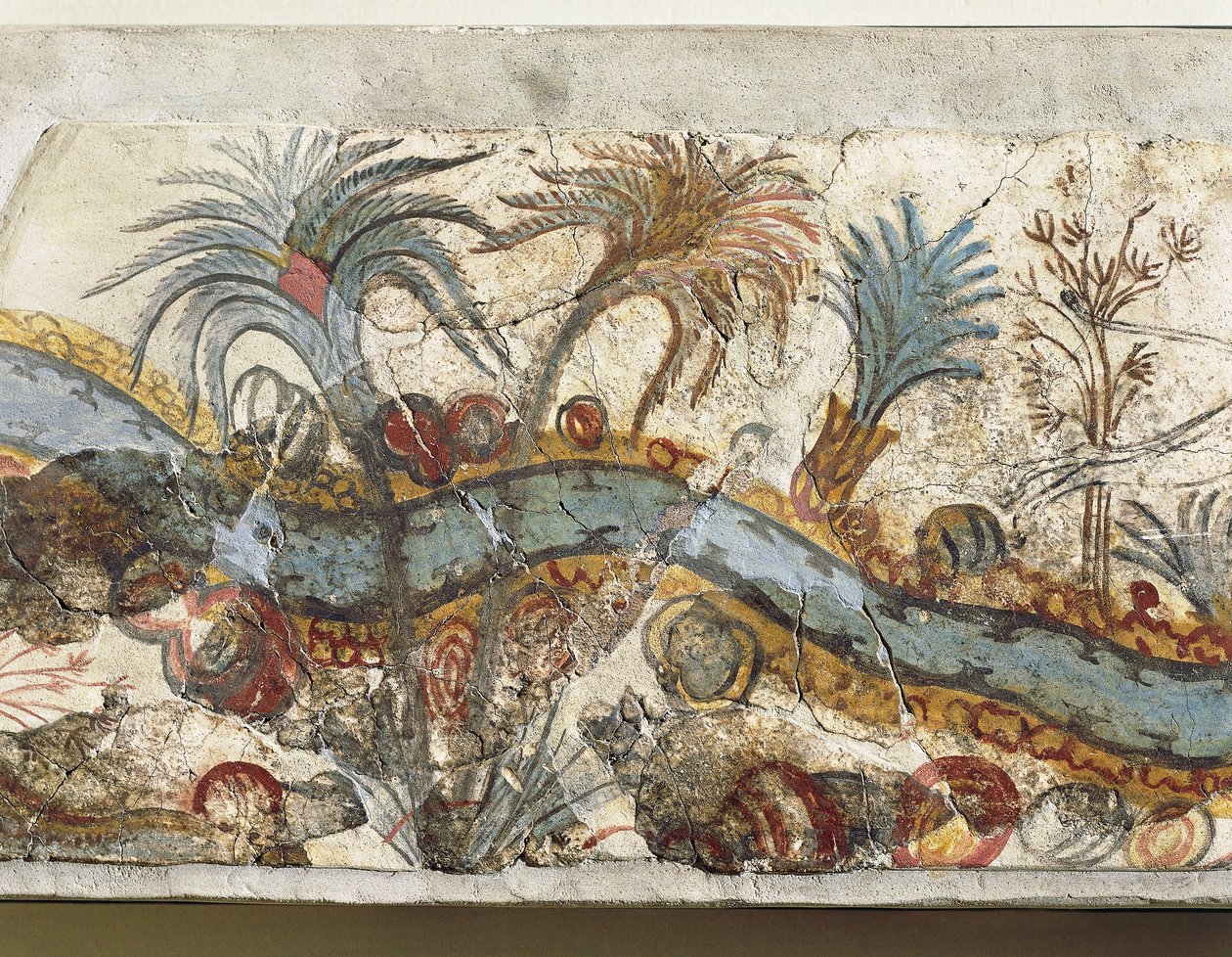Fresco som viser elvelandskap, fra Akrotiri, Thera Island, Santorini, Hellas, detalj av Greek School