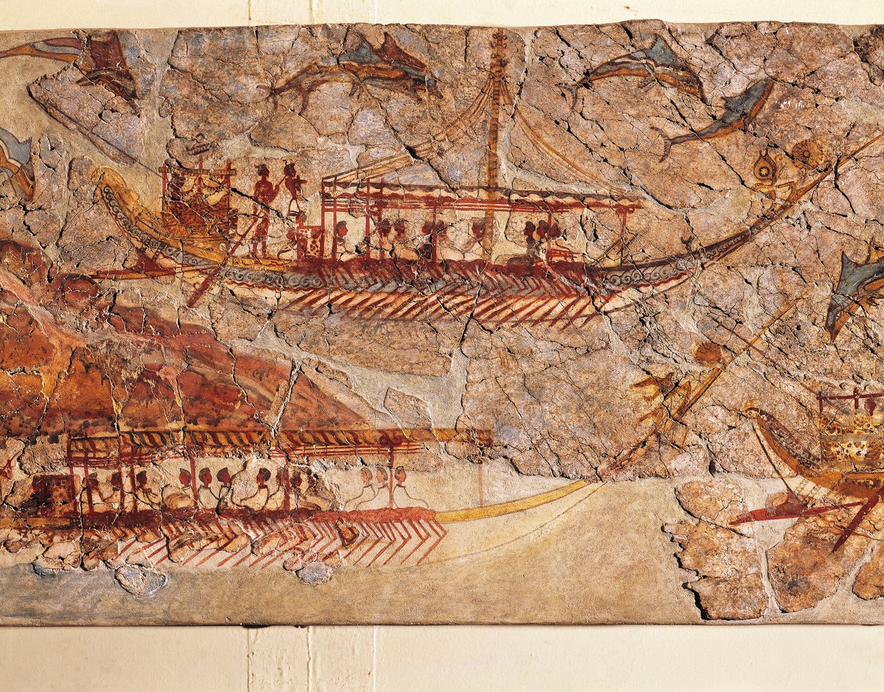Fresco som viser skipsprosesjon, fra Akrotiri, Thera Island, Santorini, Hellas, detalj, skip av Greek School