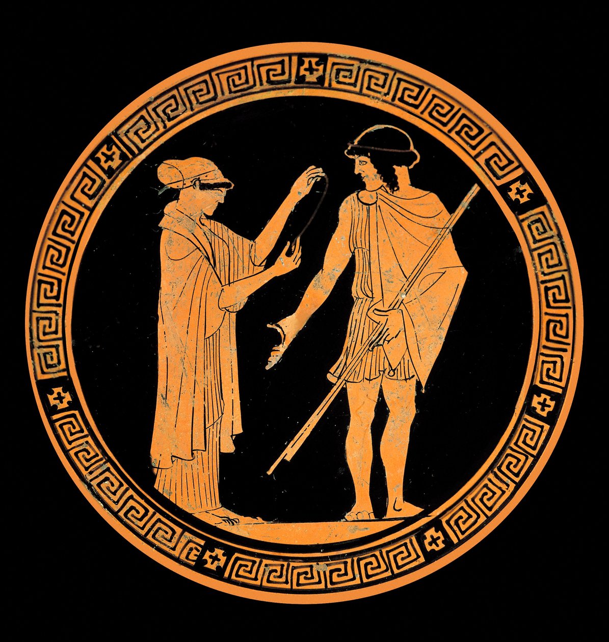 Galant samtale, dekorasjon av en keramikk med røde figurer. 5. århundre f.Kr. (keramikk) av Greek School
