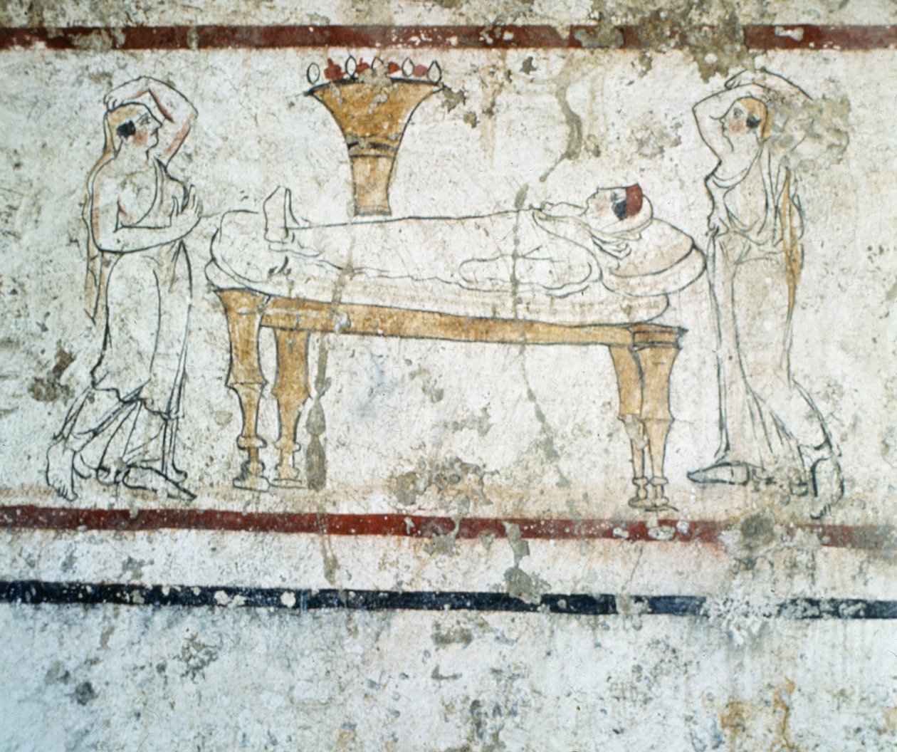 Gaudo Necropolis, Lucanian freskomaleri som viser den avdøde på dødsleiet hennes, 340 f.Kr. av Greek School