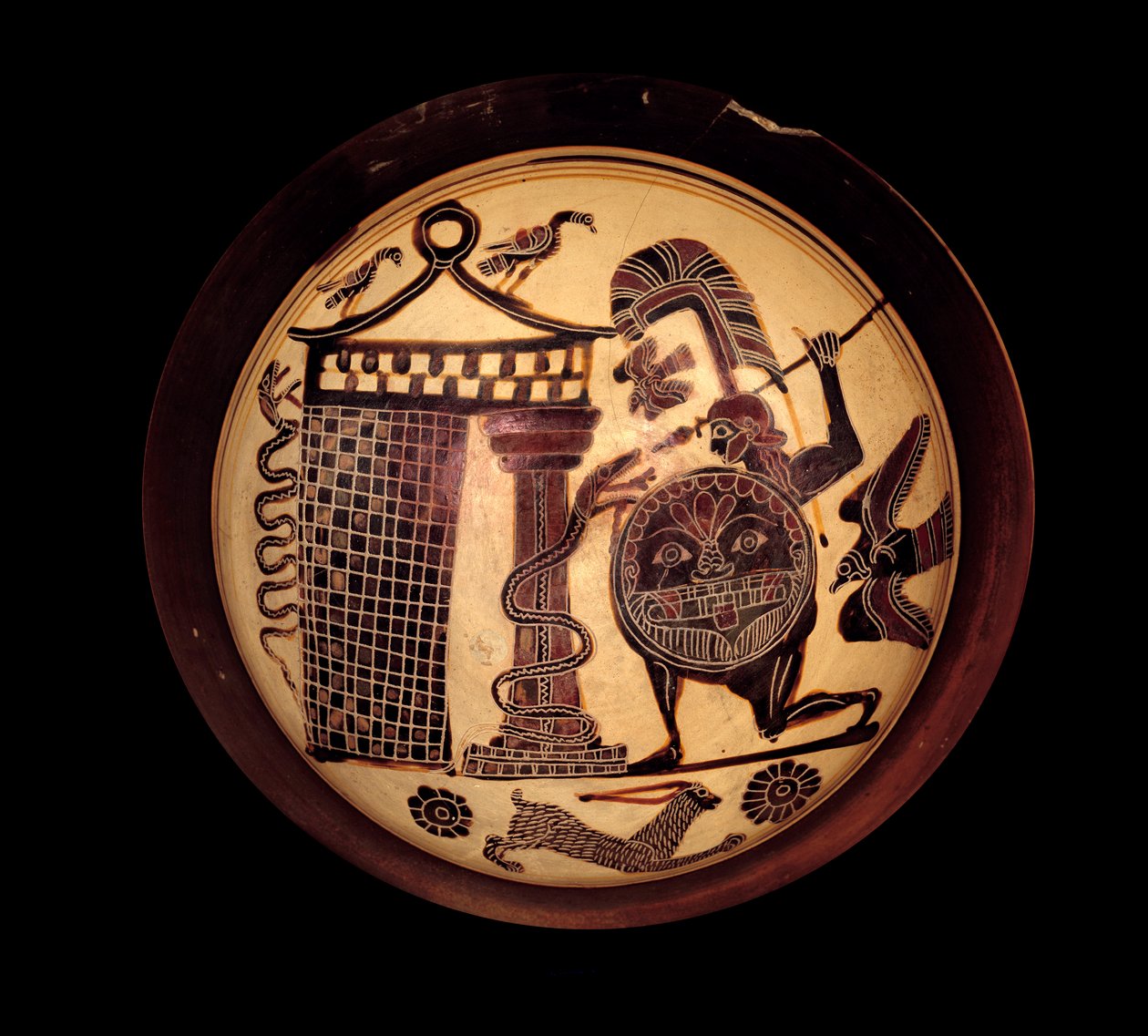 Gresk kunst: Lakonisk kopp med svarte figurer som representerer Cadmos som kjemper mot dragen fra Theben eller Apollo og slangen Python. Maleri av maleren av ryttere (6. århundre f.Kr.) 550-540 f.Kr. av Greek School
