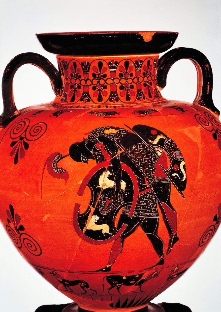 Gresk sivilisasjon, 6. århundre f.Kr. Keramikk med svarte figurer. Amfora som viser Ajax som bærer kroppen til Achilles. av Greek School