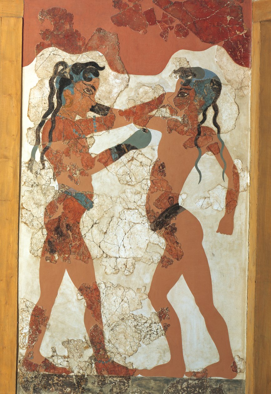 Gresk sivilisasjon, Fresco som viser unge boksere, Fra Akrotiri, Thera Island, Santorini, Hellas av Greek School