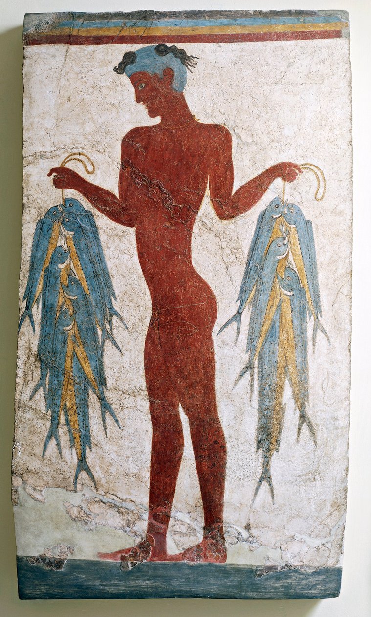 Gresk sivilisasjon, freskomaleri som viser fisker, fra Akrotiri, Thera, Santorini, Hellas av Greek School