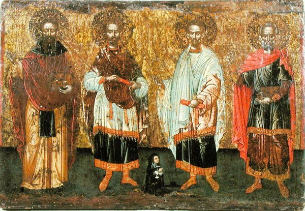 Ikon som viser SS. Cosmas og Damian (olje på panel) av Greek School
