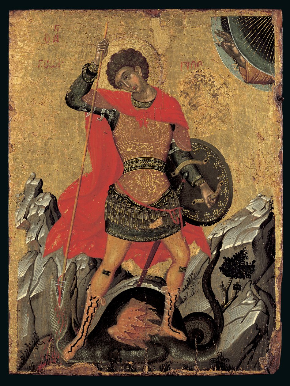 Ikon for St George Slaying the Dragon (eggtempera på panel) av Greek School