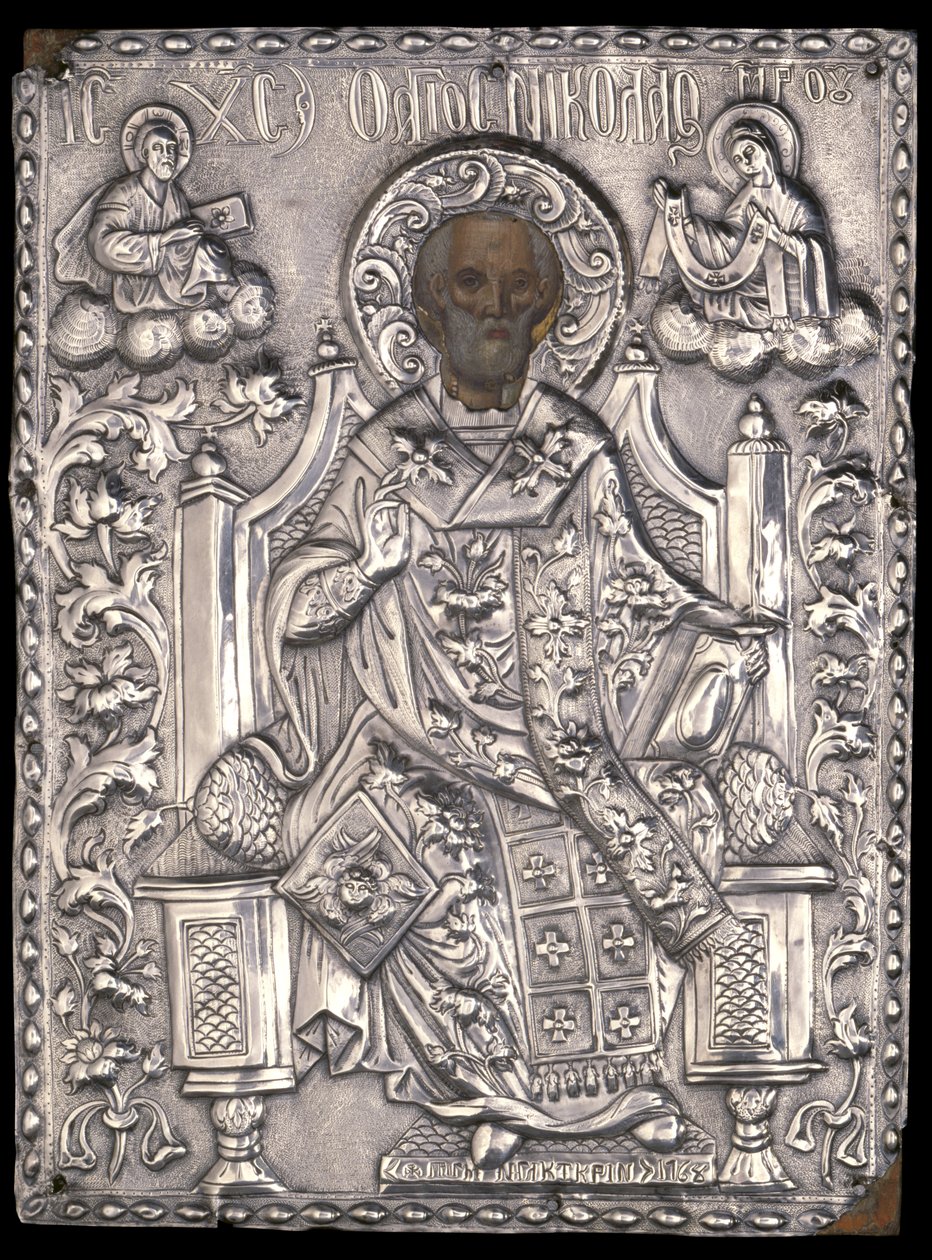 Ikon av St. Nicholas med sølvstøping, 1768 (eggtempera og kobber på tre) av Greek School