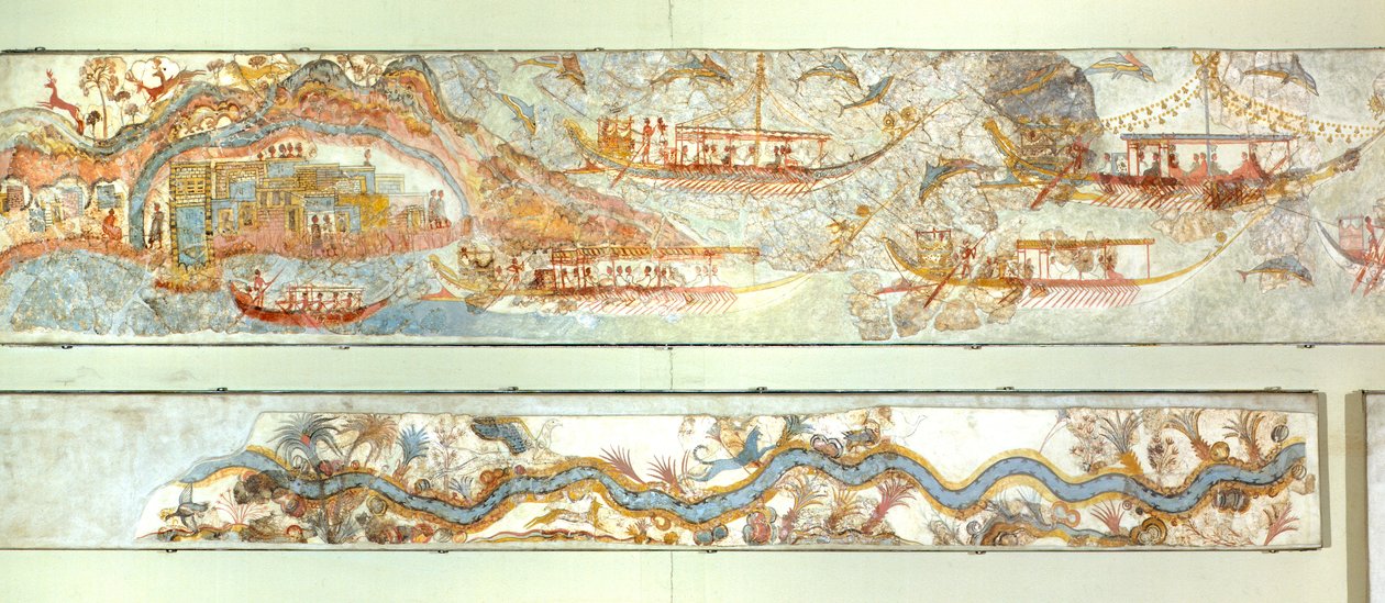 Sjøekspedisjoner og elvelandskap, Akrotiri fresco, Thera (i dag Santorini), Hellas, minoisk sivilisasjon av Greek School