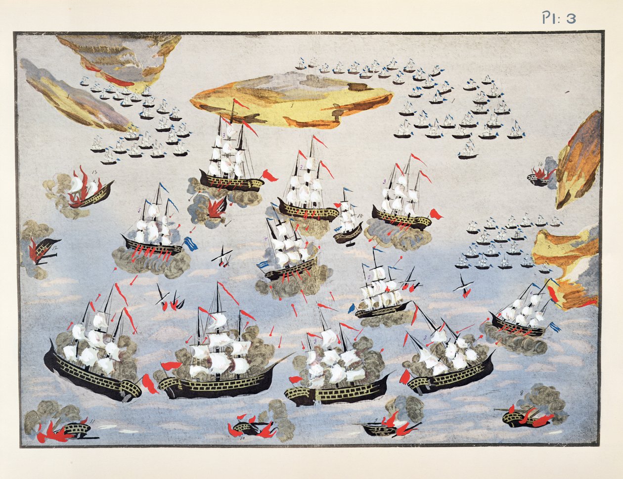 Oversikt over sjøslag under krigen, plate 3 fra Pictorial History of the Greek Independence War of General Makryjannis av Greek School