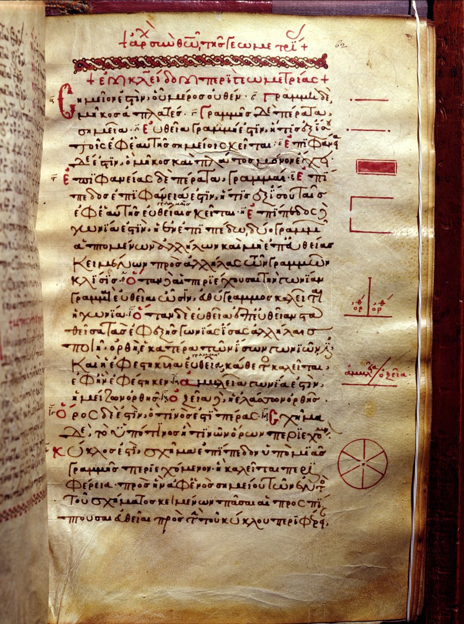 Side med tekst med geometriske figurer, fra Geometry av Euclid (3. århundre f.Kr.) av Greek School