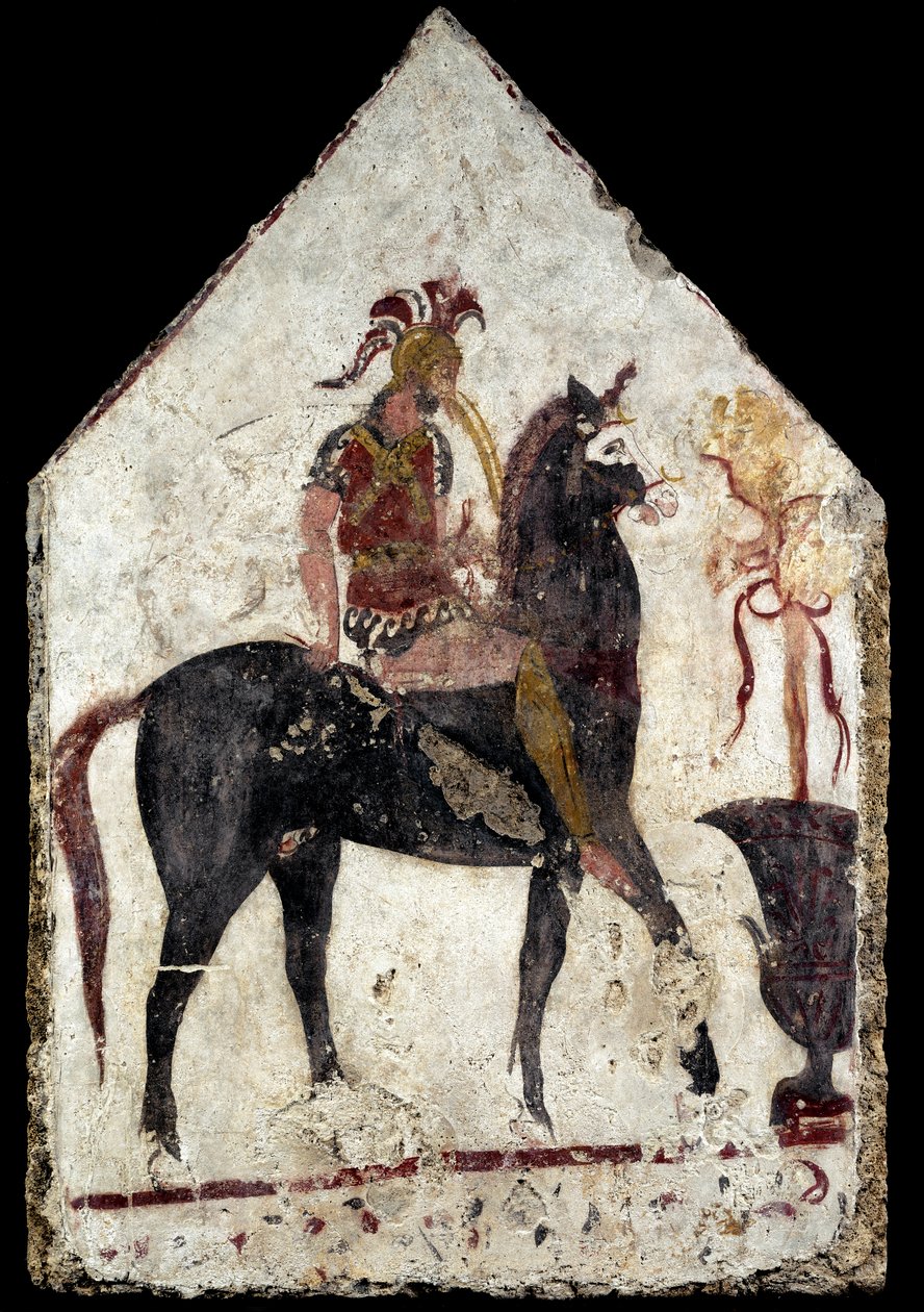 Malt plate, den såkalte svarte rytteren, fra Paestum, Andriuolo, grav 58 av Greek School