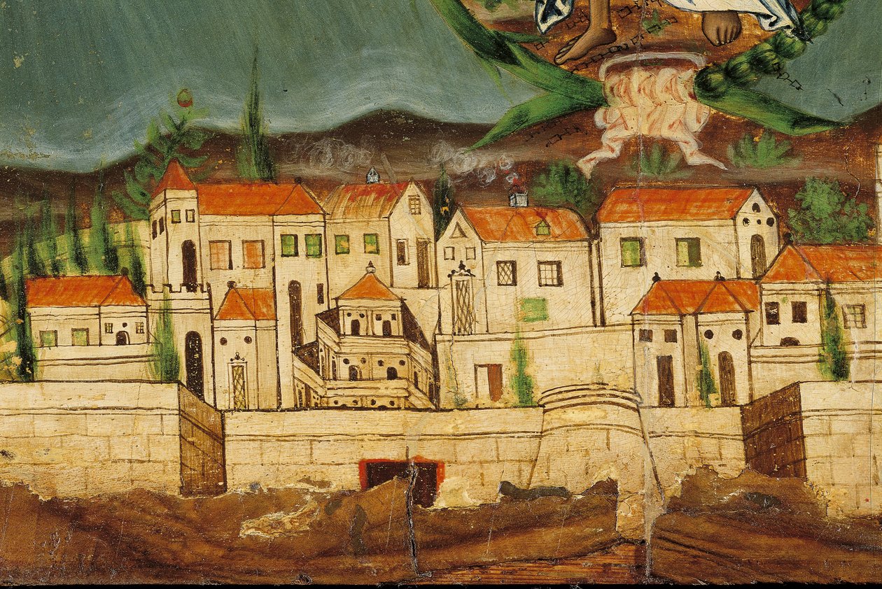 Pelmet som viser gjenfødelsen av Hellas, detalj av Konstantinopel, fra Syros, Kykladene (eggtempera på tre) av Greek School
