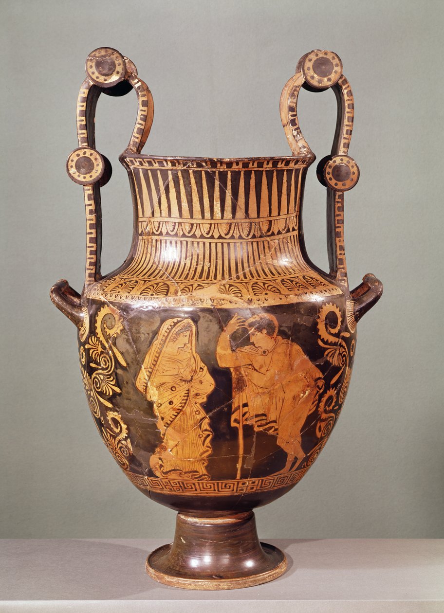 Rødfigurkrater som viser en samtale mellom en efebe og en kvinne iført en himation, fra Boeotia (keramikk) av Greek School