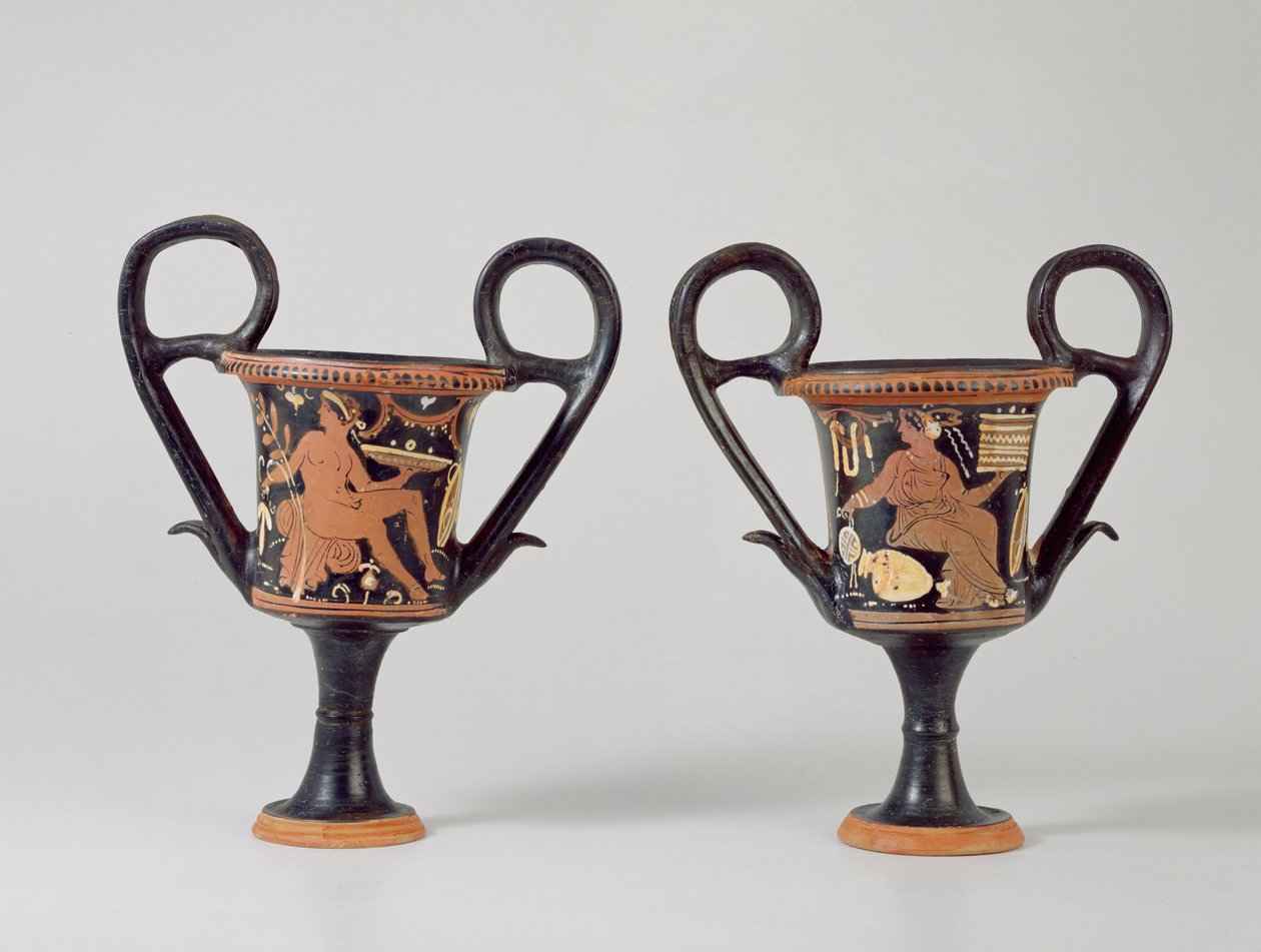 Kantharos med rød figur som viser en ungdom og kantharos som viser en kvinne, ca. 310 f.Kr. (keramikk) av Greek School