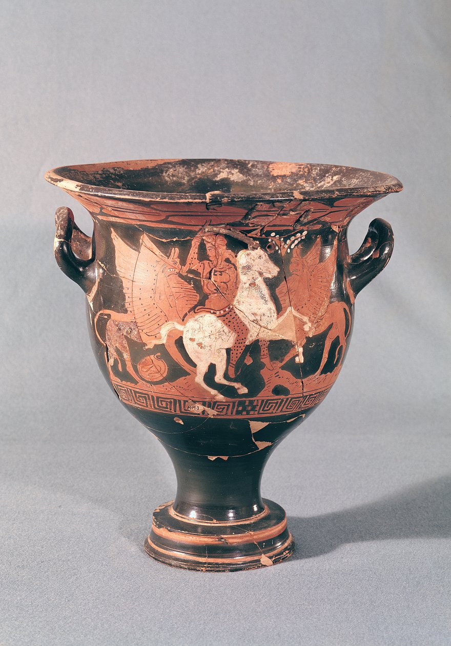 Krater med rød figur som viser amasoner og griffiner (keramikk) av Greek School