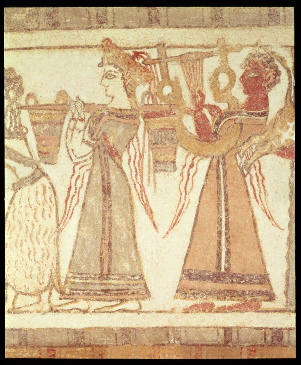 Rituell scene for tilbedelse, muligens angående ære for de døde, detalj av dekorasjonen på en sarkofag fra en grav ved Ayia Triada, Kreta, sen minoisk periode, ca. 1390 f.Kr. av Greek School
