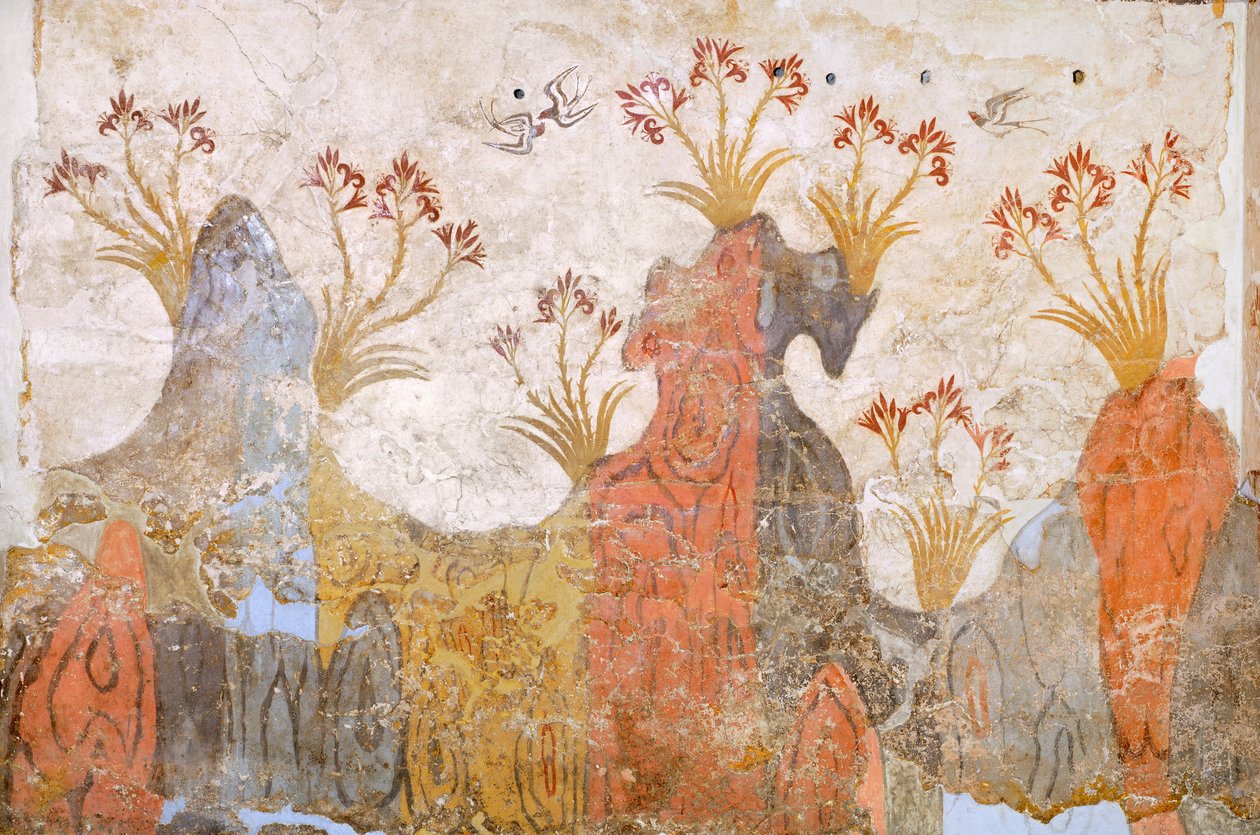 Rom med liljer eller vår, Akrotiri fresco, Thera (i dag Santorini), Hellas, minoiske sivilisasjon av Greek School