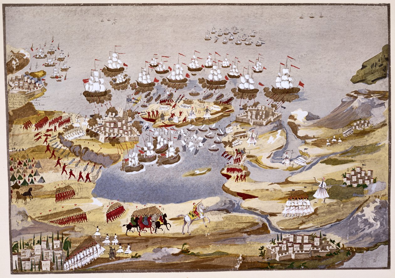 Siege and Naval Battle, plate 13 fra Pictorial History of the Greek Independence War of General Makryjannis av Greek School