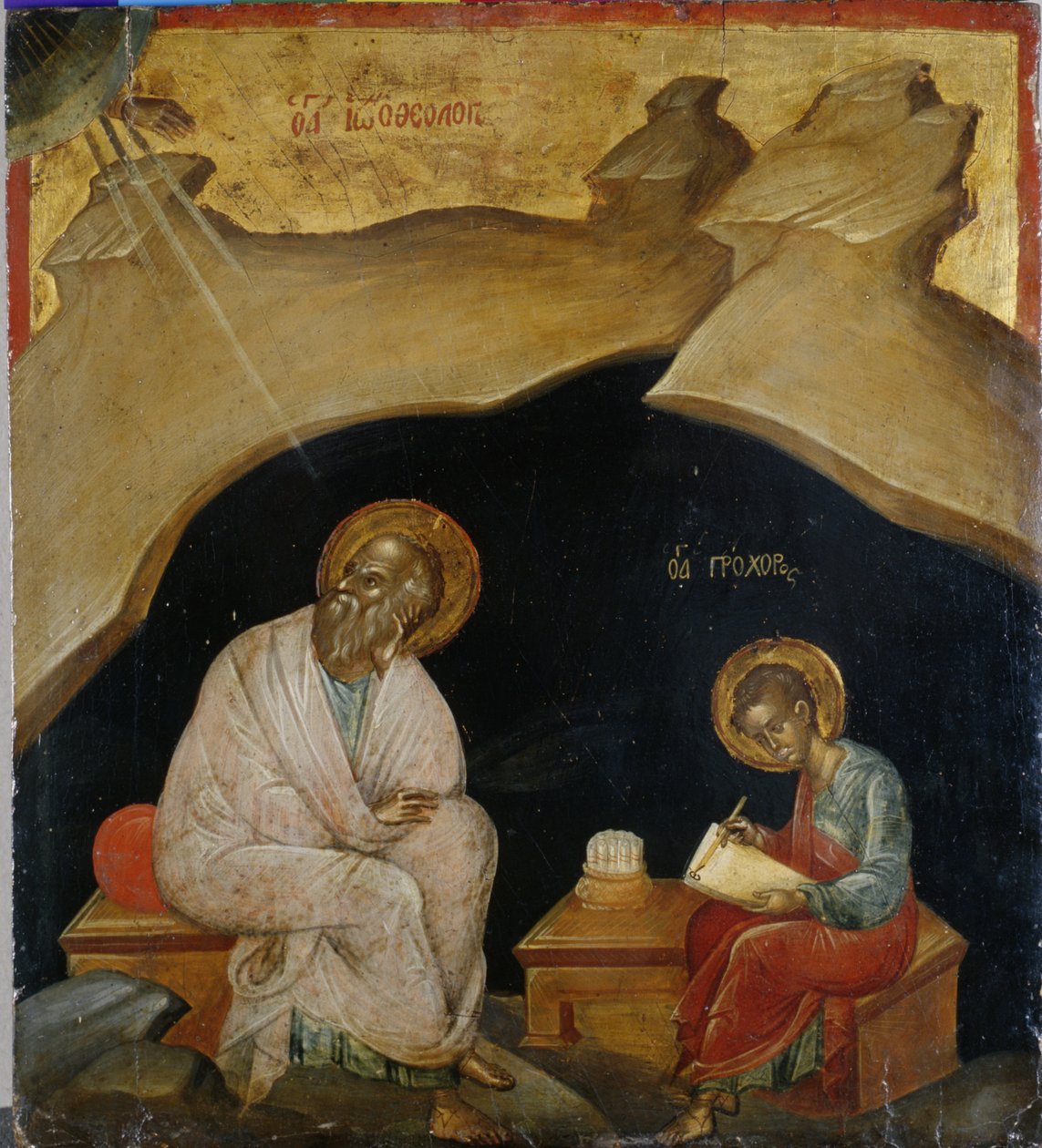 St. Johannes evangelisten med sin skriver Prochoros (glansmaling på poppeltre) av Greek School