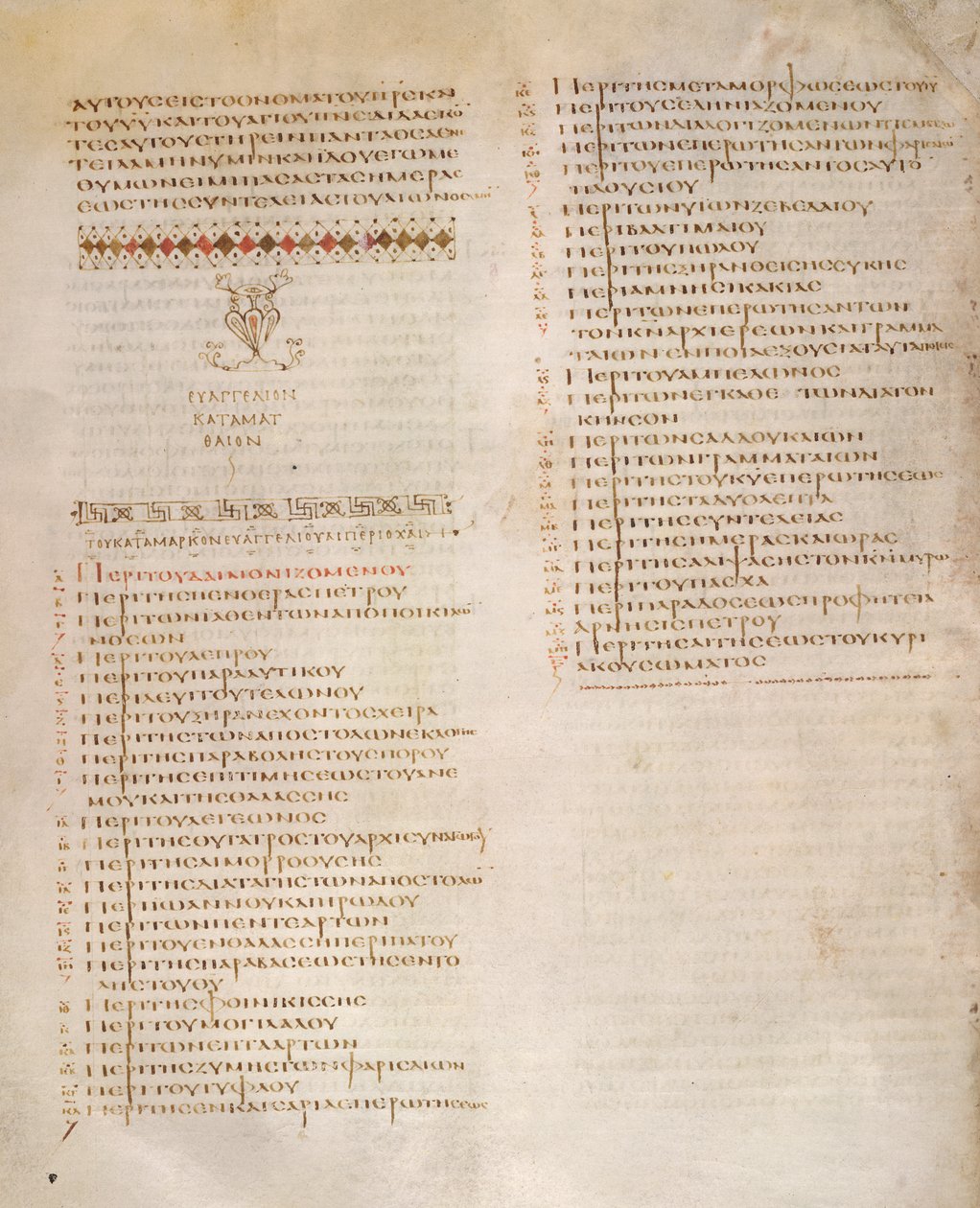 Table of Kephalaia, St. Marks evangelium, fra 