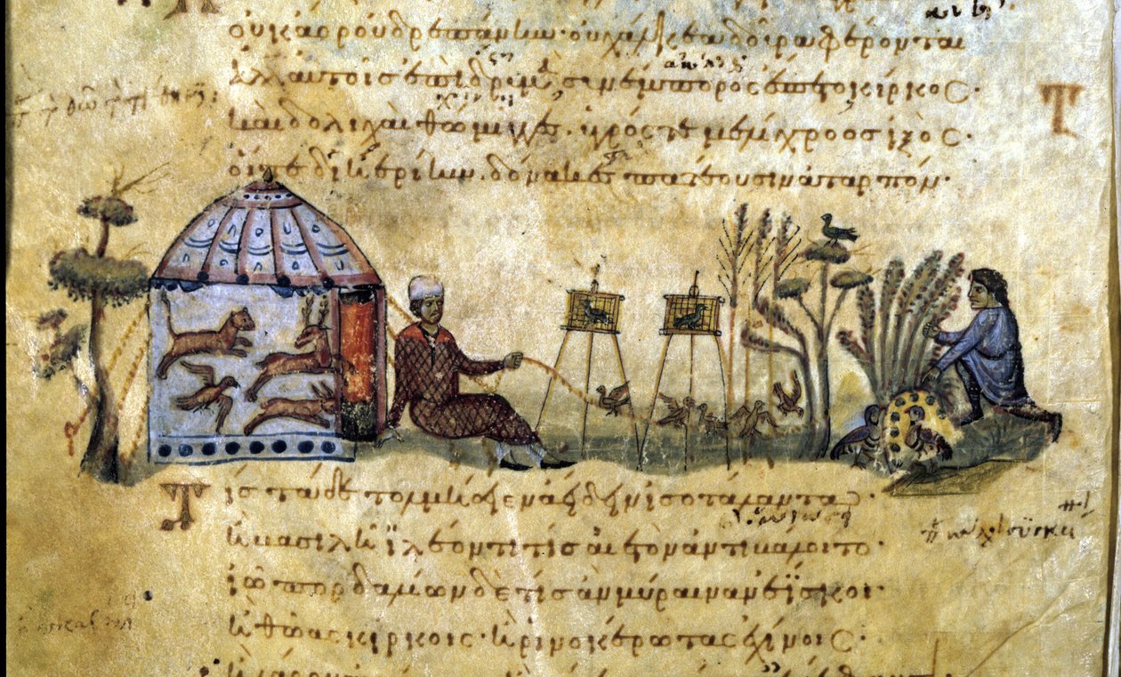 Jakten på fugler ved kallet. Gresk manuskript av Oppianus De Venatione av Greek School