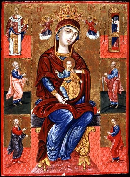 Jomfru av Skopiotisa tronet med Kristus og seks hellige, ca. 1700 (bladgull og tempera på panel) av Greek School