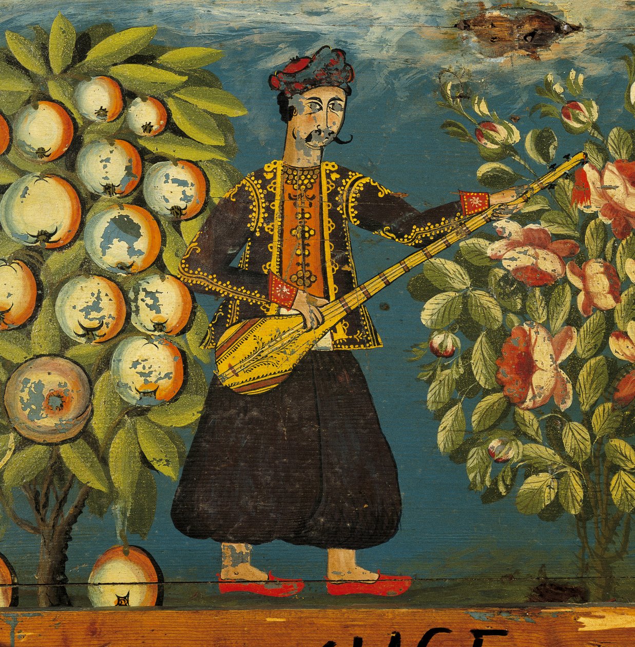 Detalj av en musiker fra en kiste, fra Mytilini, Lesbos, 1700-1800-tallet (eggtempera på tre) av Greek School
