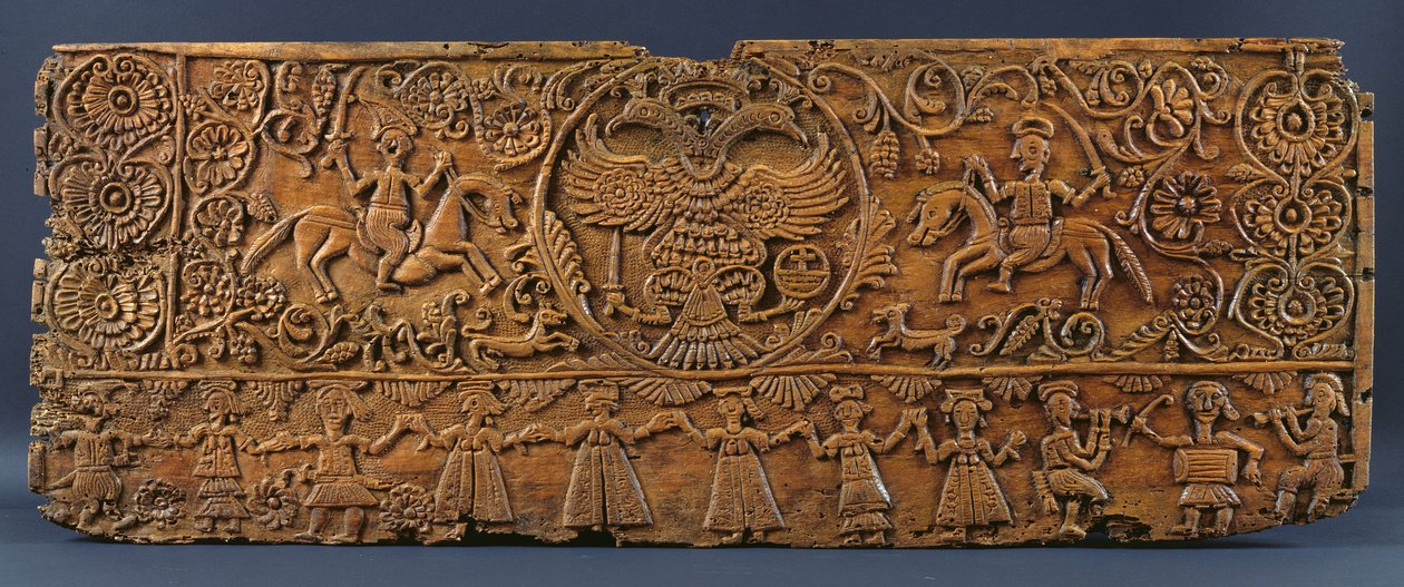 Forsiden av en kiste, fra Mani, Peloponnes, 1600-1700-tallet (utskåret tre) av Greek School