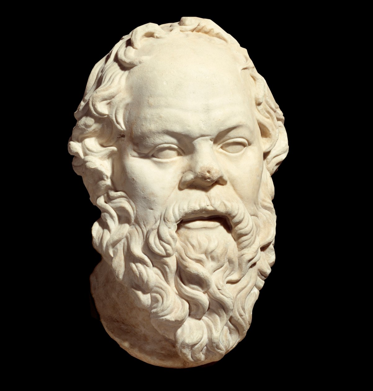 Marmorbyste av den greske filosofen Sokrates (470-399 f.Kr.) etter originalen av Lysippe (rundt 330 f.Kr.) som dekorerte Pompeion av Athen. Søn 0,33 m. Paris, Louvre-museet av Greek or Roman